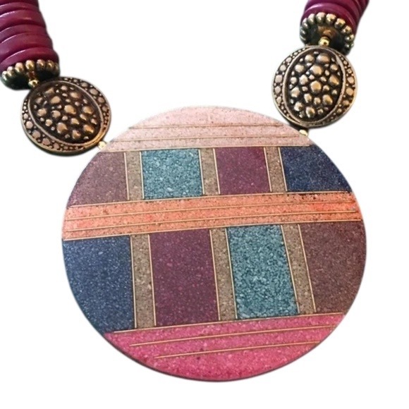Vintage Gorgeous Sand & Bead Necklace Circle Disc Pendant, Statement, Lee Sands - Picture 1 of 16